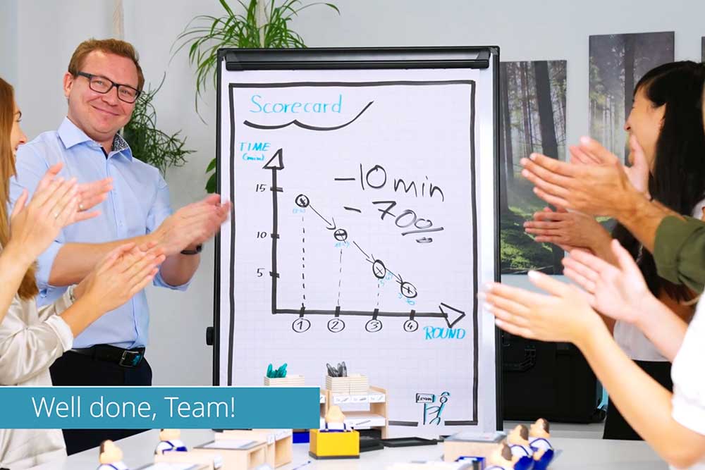 Team gathered around the Lean Game workshop station during factory training
